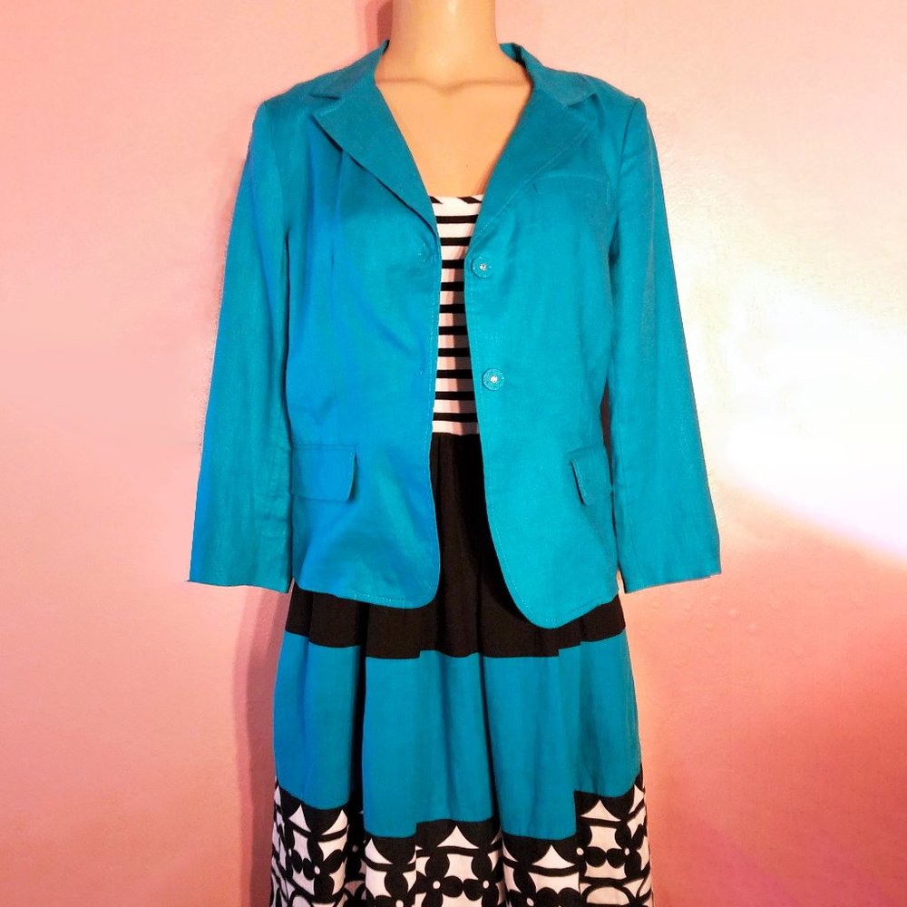 DKNY Blazer Jacket~Turquoise Blue Linen~6-8/M~Cropped Unstructured~Career/Casual